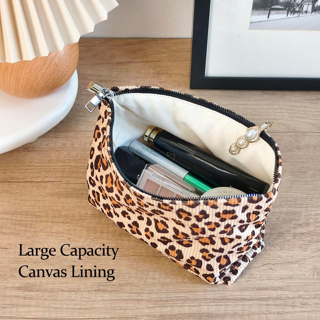 STARDW Corduroy Leopard Makeup Bag Organizer Cosmetic Bags for Women