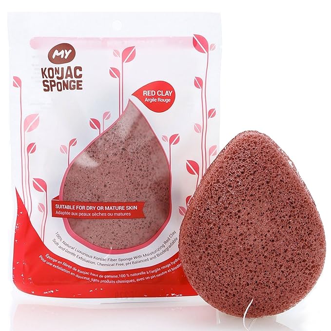 MY Konjac Sponge All Natural Korean Fiber French Red Clay Facial Sponge. Excellent for Dry or Mature Skin. Halal, Leaping Bunny Cruelty Free and the Vegan Society Certified
