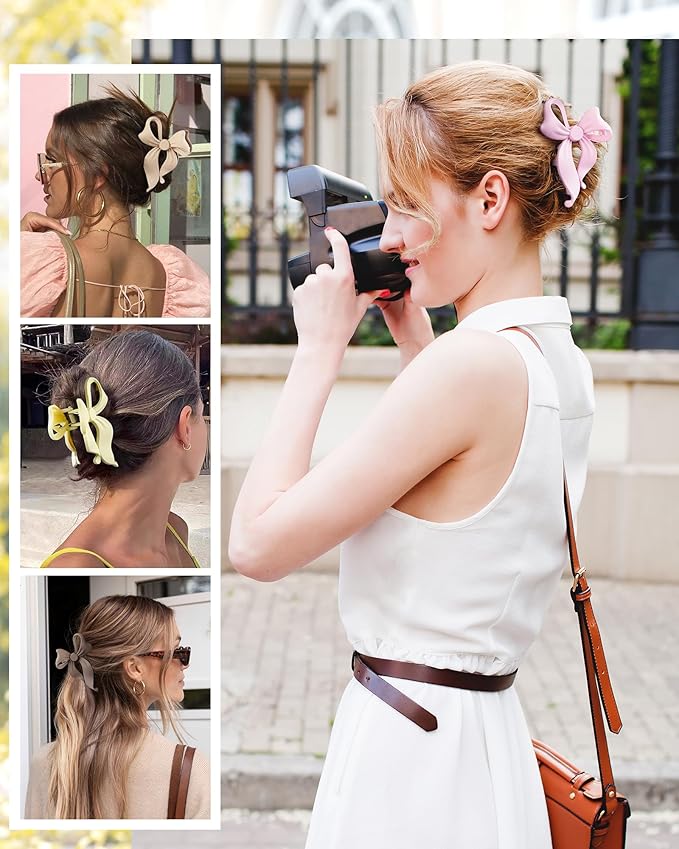 4 PCS Bow Hair Clips Bow Claw Clip for Women, Large Hair Claw Clips for Thin Thick Long Hair Cute Nonslip Bows (Dark Brown+Light Brown+Off-White+Light Pink)