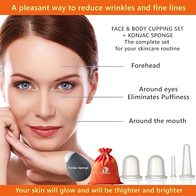 Facial Cupping Set – 4 Silicone Cups for Face, Neck & Body + Konjac Sponge & Guide – Lymphatic Drainage, Anti-Aging, Puffiness Reduction, TMJ Relief & Cellulite Massage – Medical-Grade Silicone