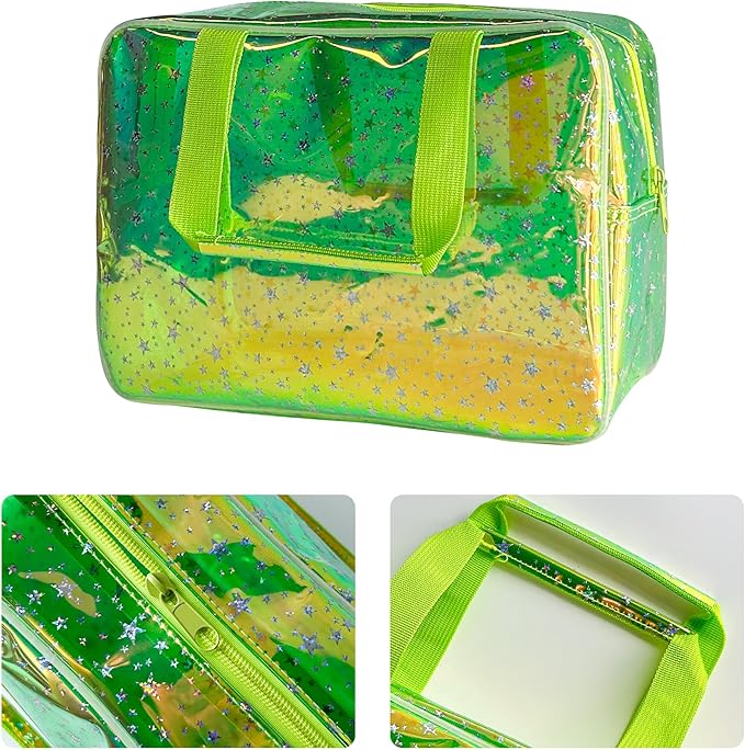 TotePrint Holographic green Clear Star Large Cosmetic Bag and TPU Travel Pouch with Handle,Durable Material,Zipper Design-Ideal for Makeup,Travel Essentials (Holographic green+stars)