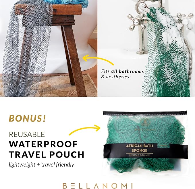 BELLANOMI African Exfoliating Net Sponge, Authentic, Ethically sourced from Nigeria, 45 inches Long, Back Scrubber for Daily use (Orange)