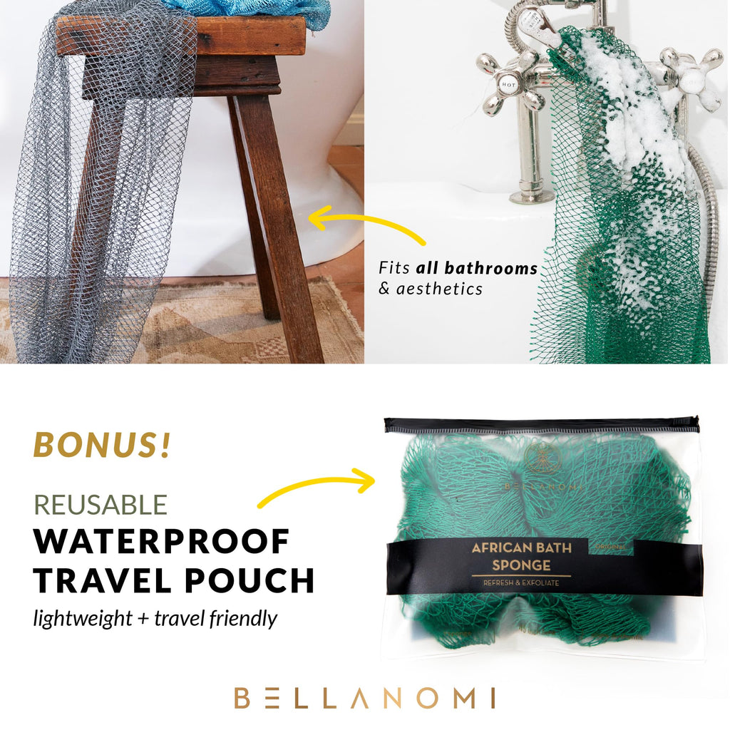 BELLANOMI African Exfoliating Net Sponge, Authentic, Ethically sourced from Nigeria, 45 inches Long, Back Scrubber for Daily use (Seafoam)