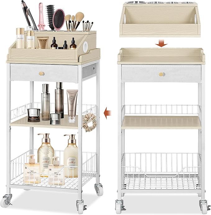 NauwaBarn Makeup Organizer Cart with Removable Cosmetic Display Case, Large Makeup Cart with Drawer and 4 SS Tool Cups, 2-in-1 Vanity Organizer for Skincare Perfume Nail Polish Brush, White & Natural