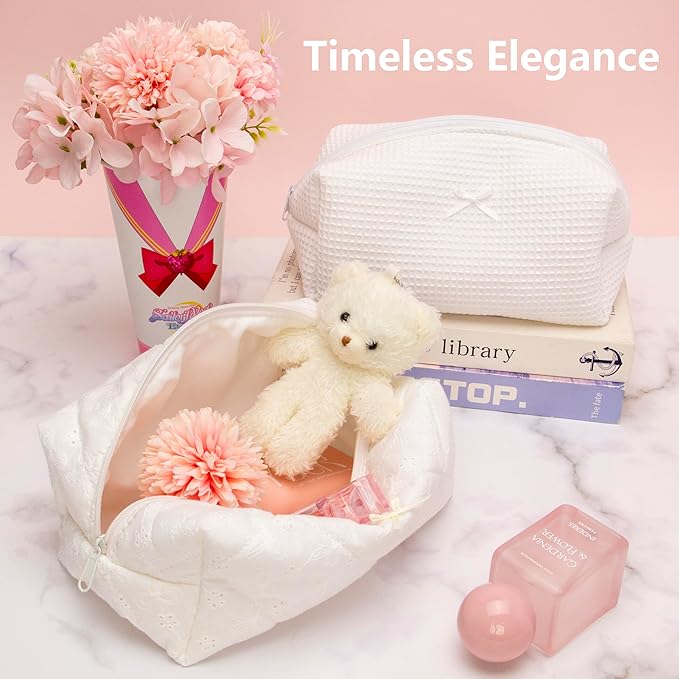 Cozy Makeup Bag for Women,Zipper Cosmetic Pouch,Embroidery White,2 Pack