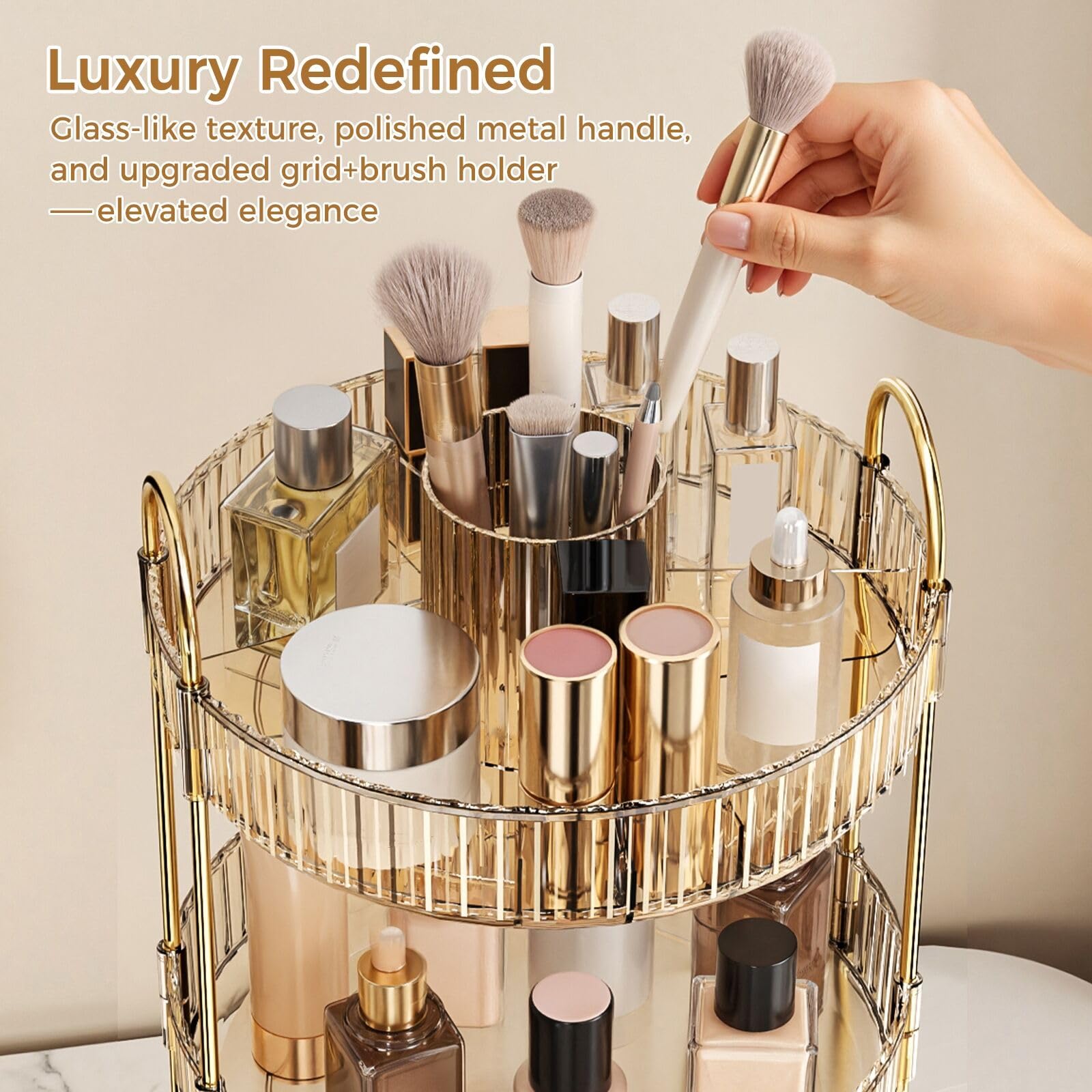 360° Rotating Makeup Organizer, Large-Capacity Skincare Make Up Storage 3 Tier Perfume Organizers Cosmetic Dresser Organizer with Makeup Brush Holder, Fits Bedroom, Bathroom, Vanity Shelf Countertop