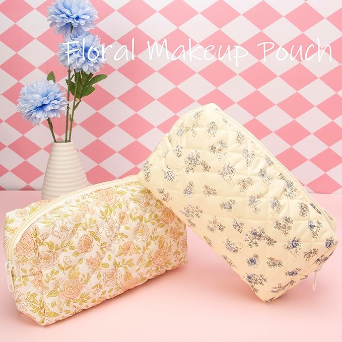 PAZIMIIK Small Quilted Makeup Bag,Zipper Cosmetic Pouch,Hyacinth Beige