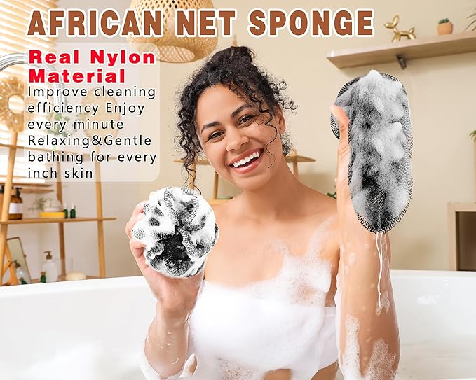 2 Pack African Net Sponge Exfoliating Body Scrubber Bath Sponge for Daily Use (2Black)