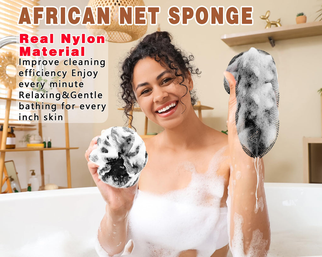 2 Pack African Net Sponge Exfoliating Body Scrubber Bath Sponge for Daily Use (2Black)