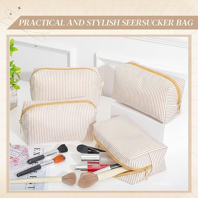 Sanwuta 6 Pcs Seersucker Cosmetic Bags Bulk Seersucker Makeup Bags Stripe Women Pouch Large Preppy Storage Pouch Toiletry Travel for Wedding Bridesmaid Bride Favor Back to Teacher Gift (Khaki)