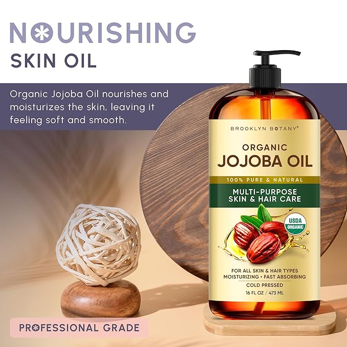 Brooklyn Botany Cold-Pressed Organic Jojoba Oil | 16 Fl Oz | Hair | Face | Body | 100% Pure and Natural | Carrier Oil | Aromatherapy | Massage | Ayurvedic Hair Care | Hexane-Free