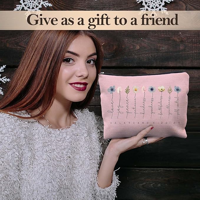 Likjad Christian Gifts Makeup Bag, Floral Christian Cosmetic Bags for Women, Galatians 5:22-23 Bible Verse Makeup Pouch, Faith Based Gifts Zipper Pouch(pink)