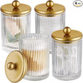 SheeChung 4-Pack Gold Ribbed Glass Qtip Holder - Apothecary Jars Bathroom Organizer Set with Lids - Vanity Storage Canisters for Cotton Balls, Pads, Swabs, Floss Picks - Modern Farmhouse
