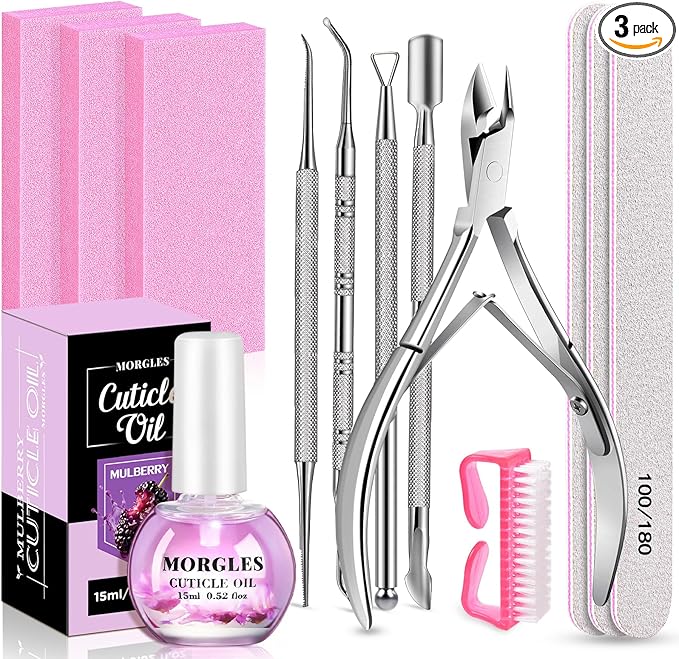 MORGLES Nail Care Kit, Manicure and Pedicure Tools Kit, 3 Nail File 100/180, 3 Buffer Block, Mulberry Cuticle Oil, Trimmer and Pusher