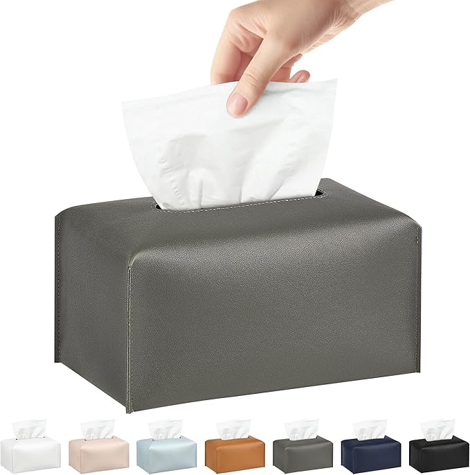 Long Tissue Box Cover, PU Leather Tissue Holder Rectangle, Facial Paper Organizer, Modern Dispenser for Bathroom, Kitchen, Home, Office, Tabletop (1, Grey, Tall)