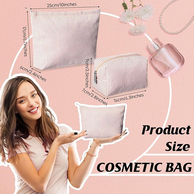 2 Pcs Makeup Bag Set Cute Cosmetic Pouch for Women Seersucker Travel Toiletry Bag Preppy Small Makeup Purse Pouch Aesthetic Skincare Brushes Storage Organizer for Valentine Women(Khaki)