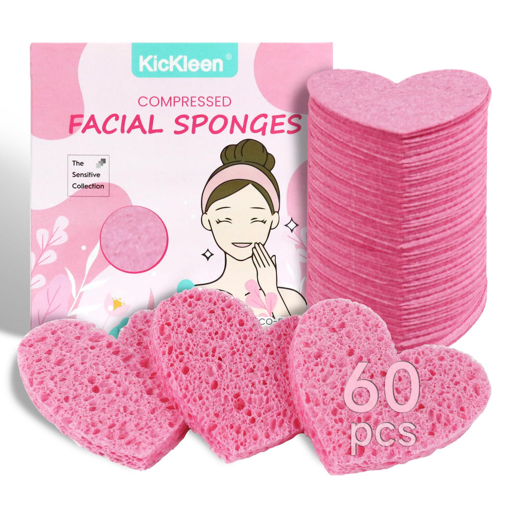 60-Count Kickleen Compressed Cellulose Heart Shape Facial Sponges,Pink