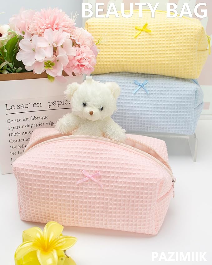 PAZIMIIK Cozy Makeup Bag for Women,Zipper Cosmetic Pouch,Waffle Pink,6 Pack