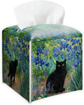 Black Cat & Blue Flowers Design Tissue Box Cover - Vintage PU Leather Waterproof Tissue Holder - Facial Paper Organizer for Home Bathroom Office - Desk Decorative Dispenser Box-B03