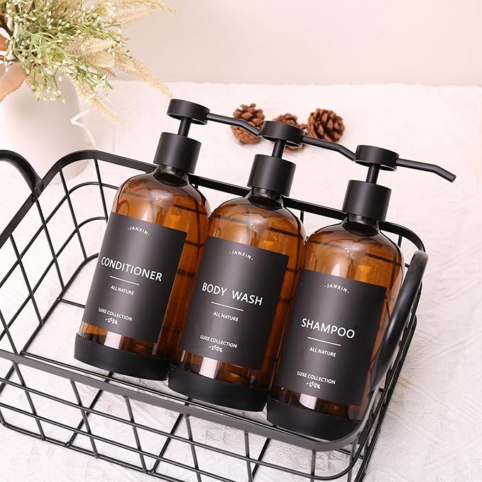 Janxin Shampoo and Conditioner Dispenser Set of 3,Refillable 21oz Shampoo Bottles with Non-Slip Protective Silicone Pad,Shower Soap Dispenser with Waterproof Labels for Bathroom (Amber)