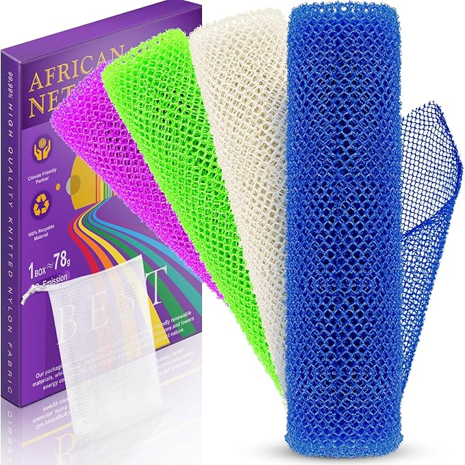 4 Pieces African Bath Sponge African Net Long Net Bath Sponge Transform Your Shower Routine with African Bath Sponges for Exfoliated, Silky Smooth Skin(Blue, Green, Purple, White)