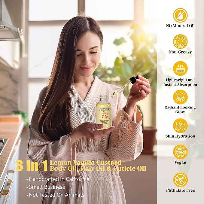 Soothing House Lemon Vanilla Custard Oil with All-Natural Moisturizing Body Oil for Soft, Glowing Skin with Almond & Jojoba Oil (4 fl oz)