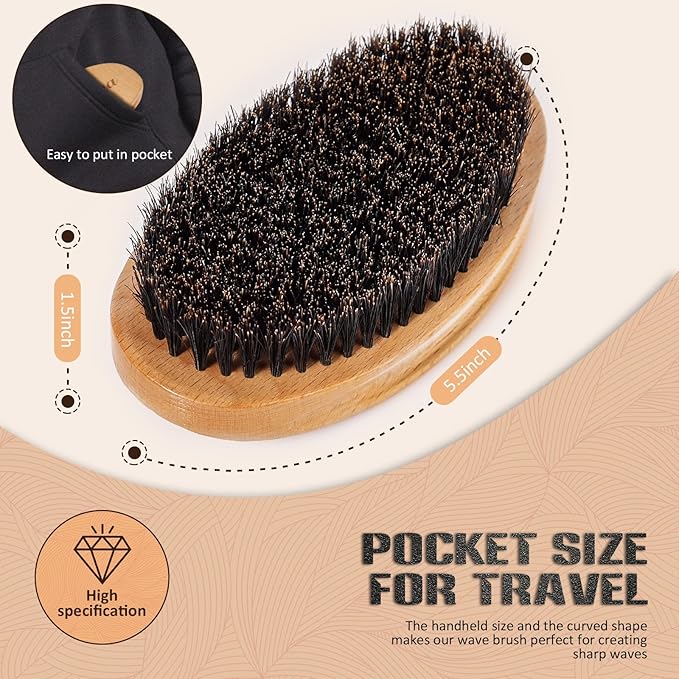 Aosina Soft 360 Wave Brush for Men, 100% Pure Boar Bristle Hair Brush for Men, Beech Wood Curved Palm Brush for Fresh Cuts, Beginners, Short Hair Waves & Beard Grooming
