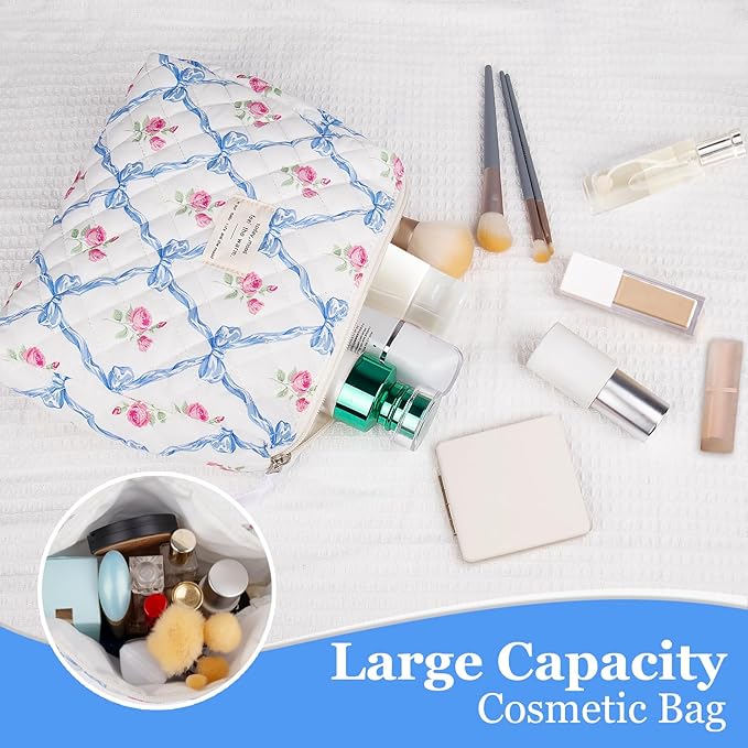 Gosect Floral Makeup Bag, Small Cosmetic Bag for Women Girls, Cute Cotton Makeup Bag, Quilted Makeup Bags, Flower Travel Toiletry Organizer Bag(Blue Flower)