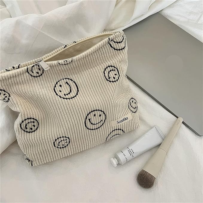 Gardsell Cosmetic Bags for Women - Corduroy Cosmetic Bag Aesthetic Women Handbags Purses Smile Dots Makeup Organizer Storage Makeup Bag Girls Case Bags (A-Beige)