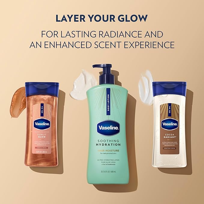 Vaseline Intensive Care Body Lotion for Dry Skin Soothing Hydration Lotion Made with Ultra-Hydrating Lipids + 1% Aloe Vera Extract to Refresh Dehydrated Skin 20.3 oz, Pack of 3 (packaging May Vary)