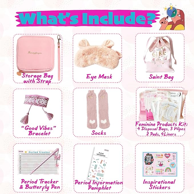 First Period kit for Girls | 23 PC Period Packs for Young Girls First Time | First Period Gift for Teen Girls with Sanitary Pad Storage Bag, Wipes, Bracelet, Eye Mask, Socks and More(Pink)
