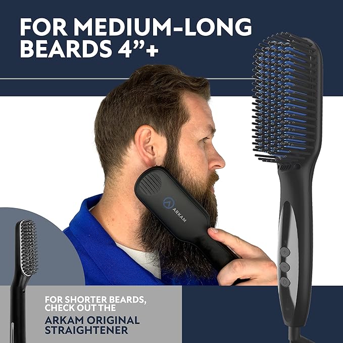Arkam Beard Straightener for Men -Premium Heated Beard Brush Kit w/Anti-Scald Feature, Dual Action Hair Comb and Hard Shell Travel Case for Medium to Long Beards - Costume and Grooming Gifts for Men
