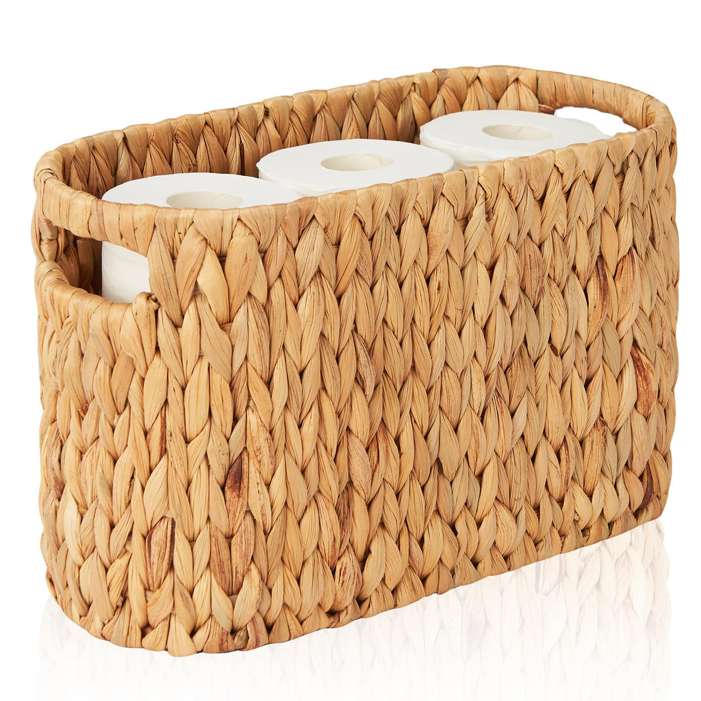 FairyHaus Wicker Toilet Paper Storage Basket with Buit-in Handles, 6 Rolls Natural Water Hyacinth Toilet Paper Holder Stand with Storage, Freestanding Handwoven Toilet Paper Holder Basket for Bathroom
