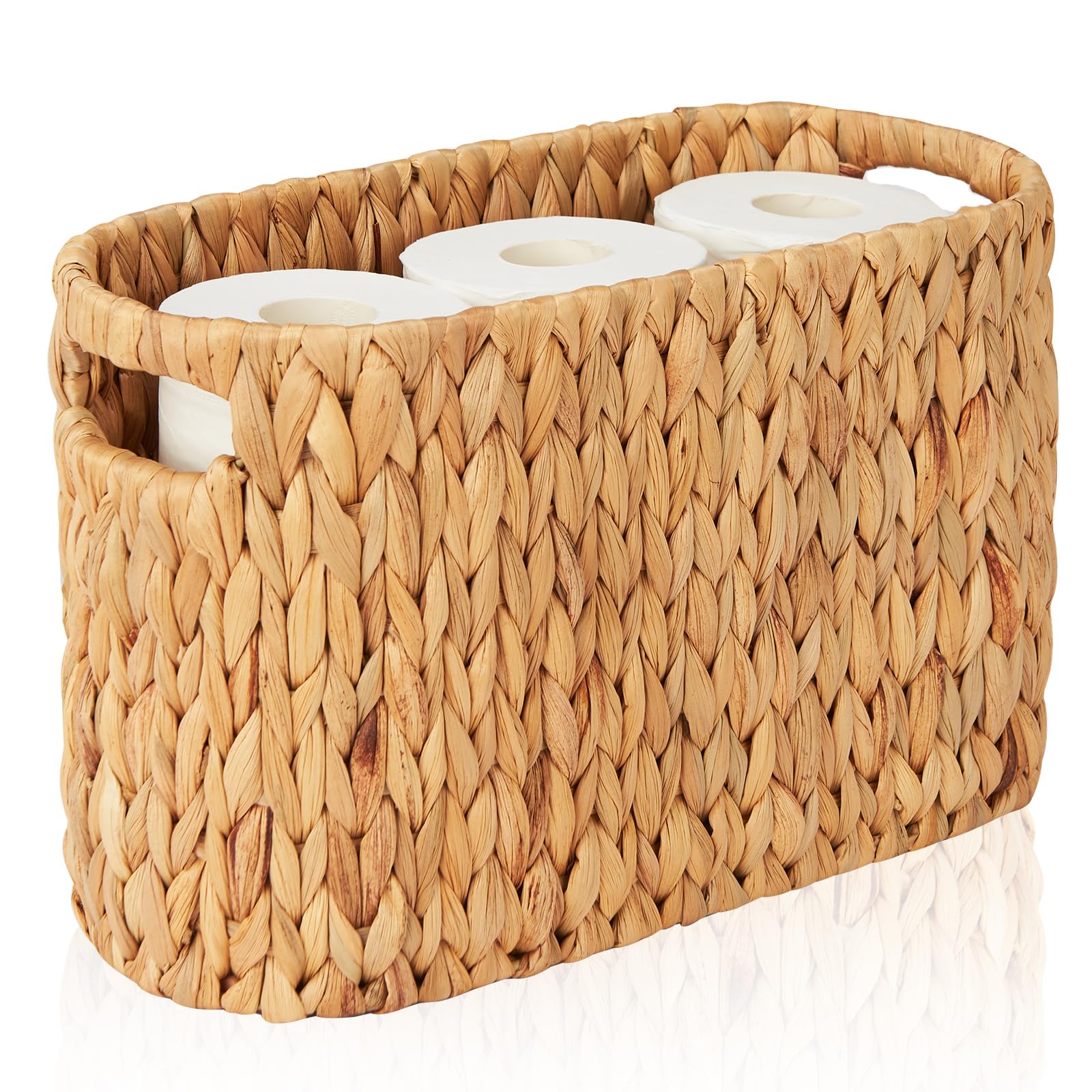 FairyHaus Wicker Toilet Paper Storage Basket with Buit-in Handles, 6 Rolls Natural Water Hyacinth Toilet Paper Holder Stand with Storage, Freestanding Handwoven Toilet Paper Holder Basket for Bathroom