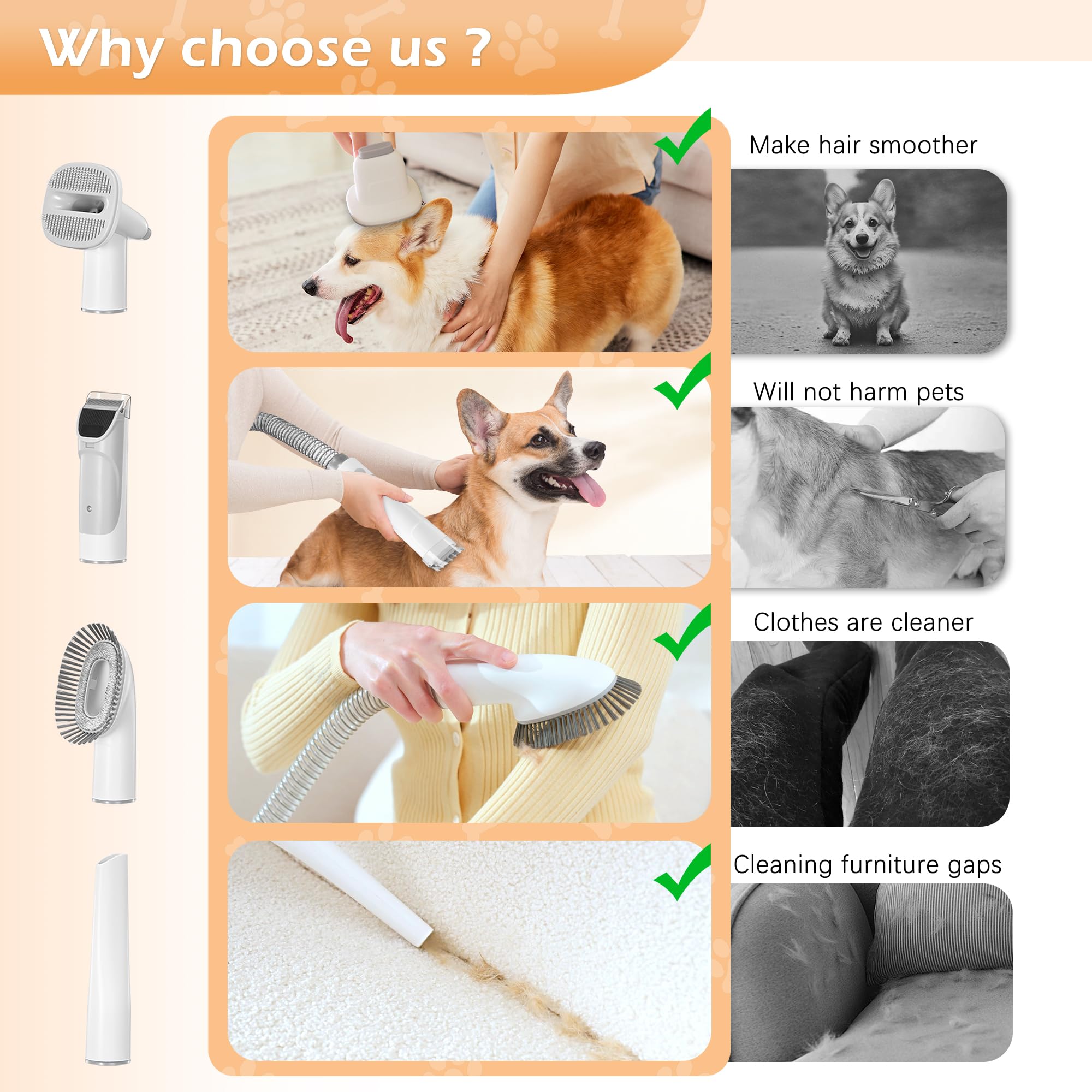 LMVVC Dog Grooming Vacuum, Pet Grooming Vacuum Kit 2.3L Suction 99% Pet Hair with 5 Tools for Dog Cat for Shedding Grooming, Low Noise (Grey & White)