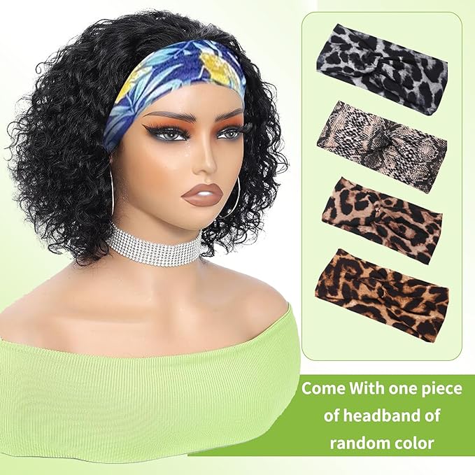 Headband Wig Human Hair Wigs for Black Women Put on and Go Glueless Wig Curly Human Hair Wig Natural Color Headband Wigs Human Hair 10inch
