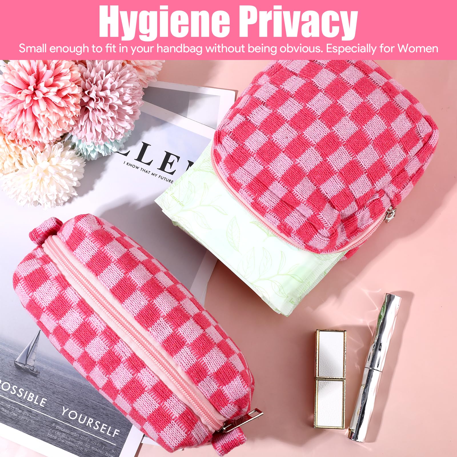 2 Pcs Sanitary Napkin Storage Bag, Zipper Checkered Sanitary Pouch Period Bags, Portable Tampon Pad Pouch Pad Bag for Women Travel Daily, Reusable Period Bag for Teen Girls for School Women Pink