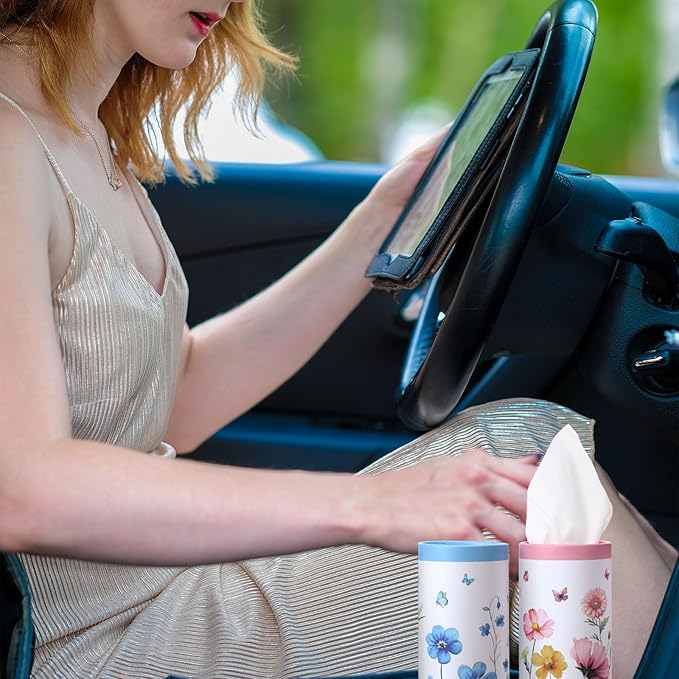 Fourluoo 12 Pack Car Tissue Cylinder Holder Bulk with 3 Ply Facial Tissues, Round Napkin Holders for Car Cup Holder Cylinder Travel Paper Tubes Bulk Round Napkin Boxes Packs(Classic Flower)