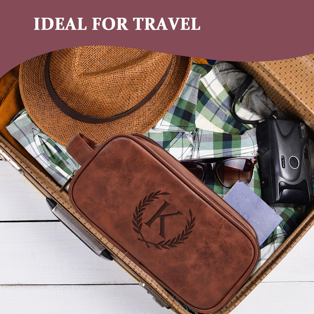 Travel Toiletry Bag For Mens PU Leather Engraved Initials (Red Brown Z)