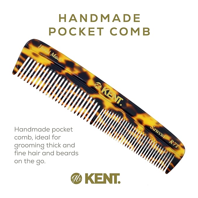 Kent R7T TY Fine and Wide Tooth Hair Comb, Handmade Pocket Comb for Mens Beard and Mustache for Everyday Grooming and Styling, Sawcut Hand polished, Made in England