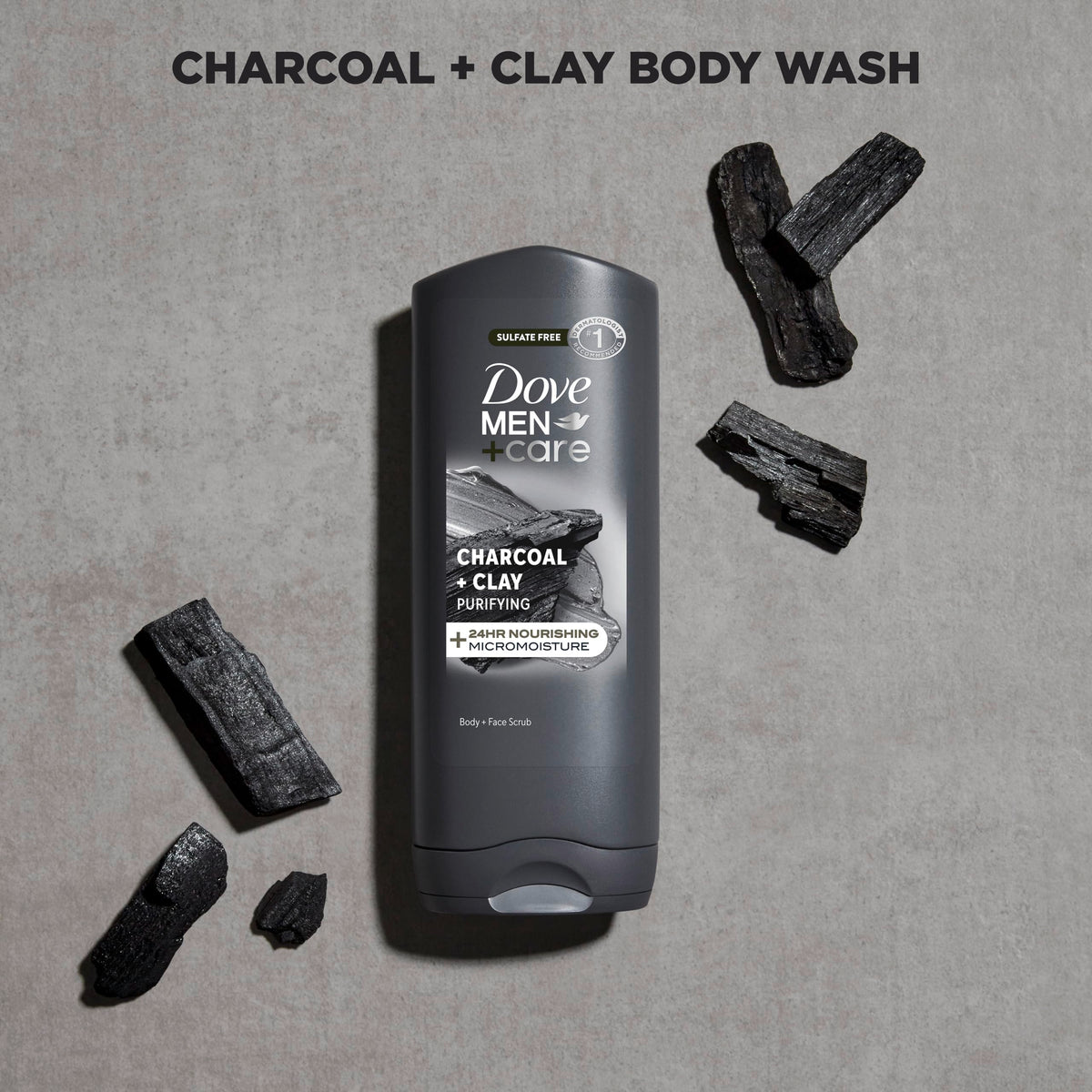 DOVE MEN + CARE Purifying Charcoal + Clay Body and Face Wash with 24-Hour Nourishing Micromoisture Technology Body Wash for Men, 13.5 oz