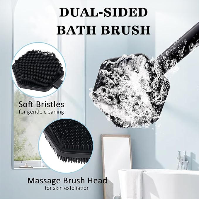 Silicone Back Scrubber for Shower with 21" Extendable Handle–Dual-Sided Long Handle Bath Brush for Exfoliating&Massage–Non-Slip Grip, Gentle&Deep Cleansing Body Brush for Men, Women, Seniors (Black)