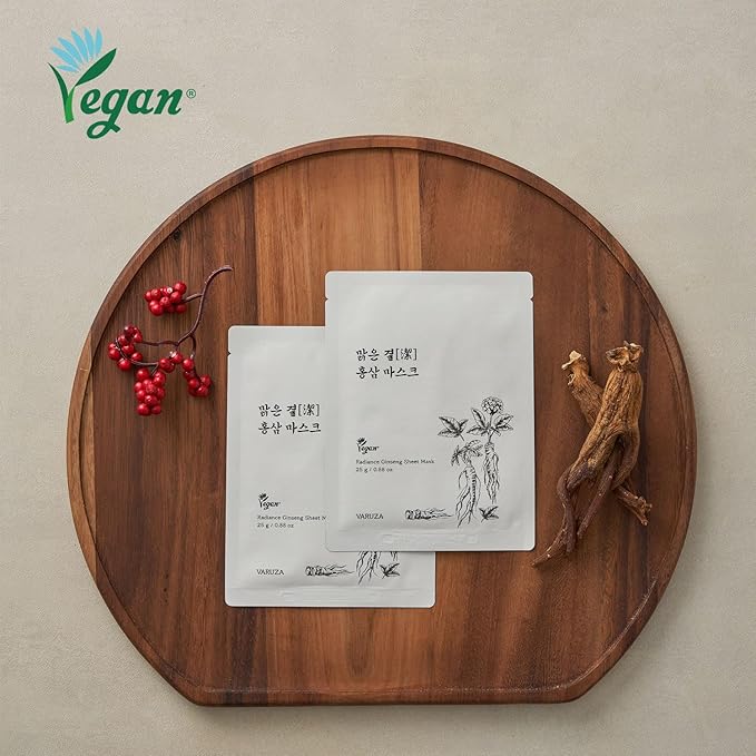 varuza Radiance Ginseng Sheet Masks - Hydrating Face Masks for Healthy and Strengthening Skin Barrier - Vegan, Cruelty Free Korean Face Mask