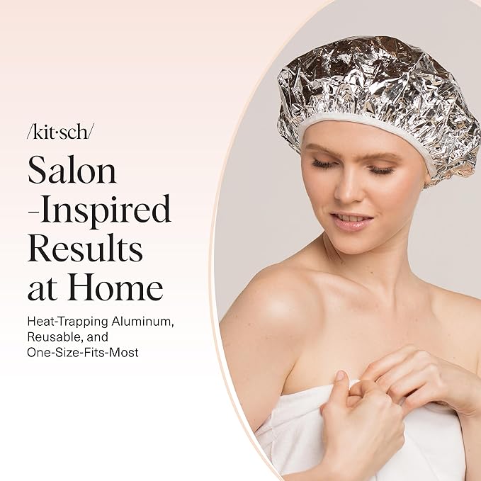 Kitsch Aluminum Foil Heat Cap for Deep Conditioning - Reusable Hair Streamer For Coloring, Perm & Treatment, Heat Cap with Elastic Band, Deep Conditioning Hair Cap, Shower Cap for Sauna, Shower & Spa