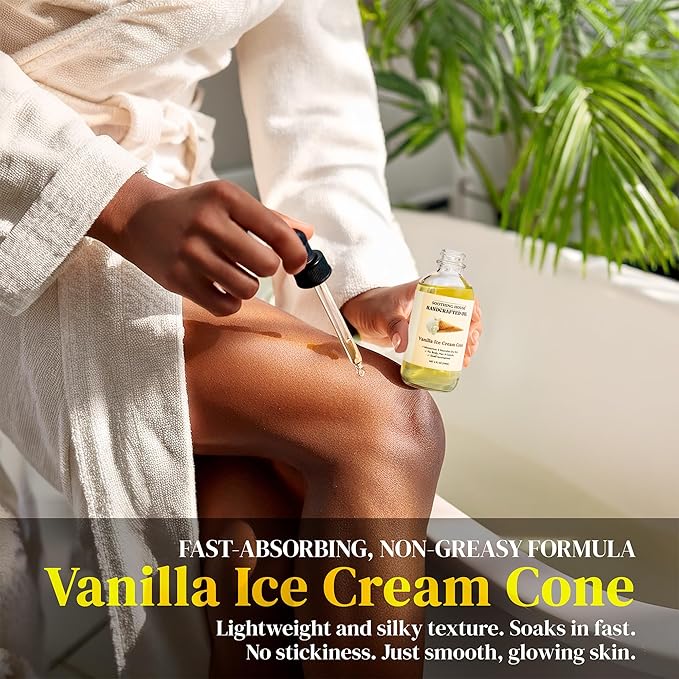 Soothing House Vanilla Ice Cream Cone Body Oil - Premium Non-Greasy Oil & Body Moisturizer for Dry Skin & Glowing Skin with Sweet Almond, Jojoba, and Vitamin E Oil, 4 Fl OZ