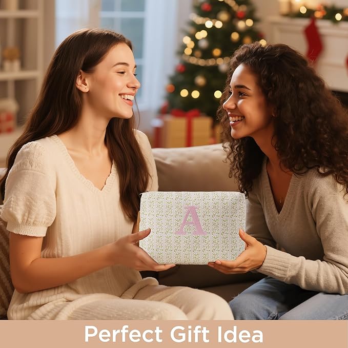 HBselect Initial Quilted Makeup Bag, Pink Cosmetic Travel Toiletry Bag, Flowers Coquette Zipper Make Up Pouch Organizer Teen Girl Gift Trendy Stuff A