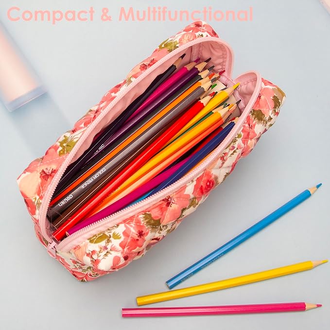 PAZIMIIK Small Quilted Makeup Bag,Zipper Cosmetic Pouch,Floral Red