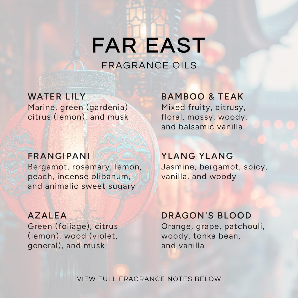 Eternal Essence Oils Far East Set of 6 Premium Fragrance Oils - Includes Water Lily, Bamboo & Teak, Frangipani, Azalea, Ylang Ylang and Dragon's Blood Scented Oils - 10ML