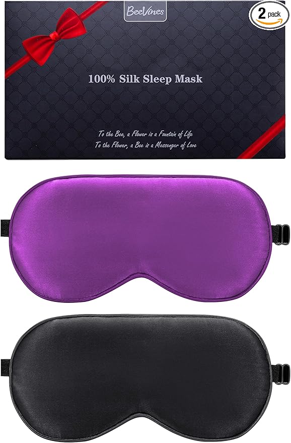 BeeVines 100% Real Mulberry Silk 2 Pack Sleep Mask, Pure Silk Eye Masks with Adjustable Strap for Sleeping, Block Light Eye Shade Cover, Reduces Puffy Eyes Traveling Gifts(Black & Rich Purple)