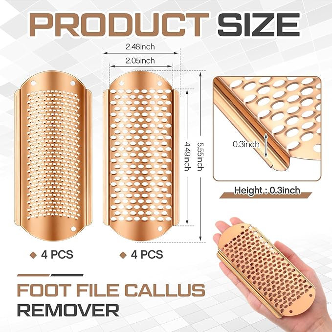 Moxweyeni 8 Pack Rose Gold Foot File Callus Remover Replacement Blades Metal Pedicure Rasp Hard Skin Remove Scrubber Stainless Steel 2 Designs Big/fine Hole for Detachable Foot Grater
